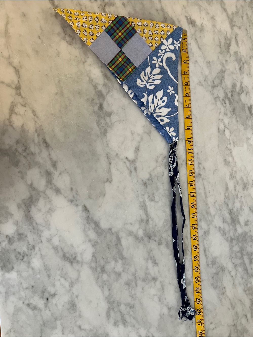 Handmade Kids Aloha Cotton Patchwork Headscarf in Blue and Yellow. 21x15”, 52” L - Picture 6 of 6